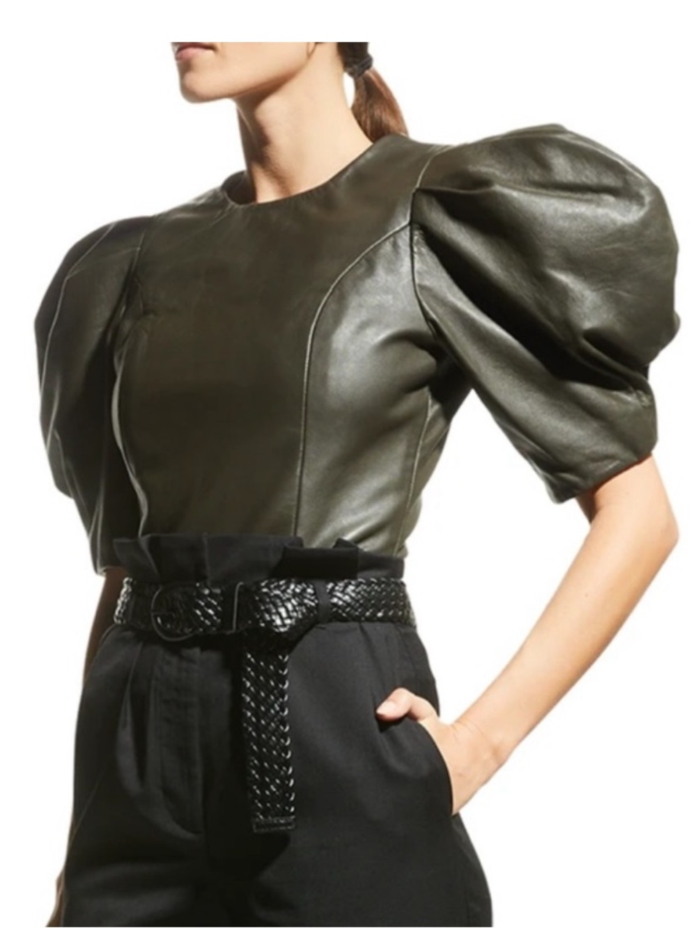 Leather! Les Coyotes de Paris Mara Leather Puff-Sleeve Top.